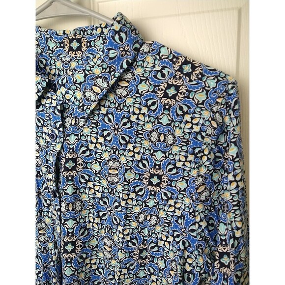 Talbots Blue Artsy Tie Collared Button Front Roll Tab Sleeve Blouse. Size MP - Picture 3 of 10